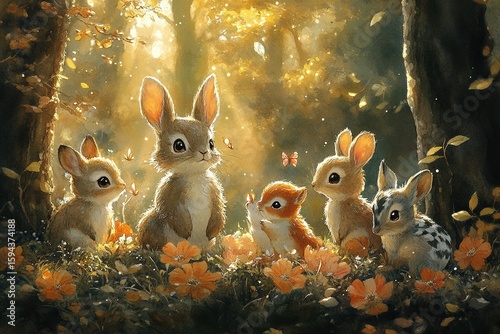 Lovely watercolor illustration of a group of playful woodland animals at play in a sunlit enchanted forest, surrounded by lush greenery and warm golden sunlight.