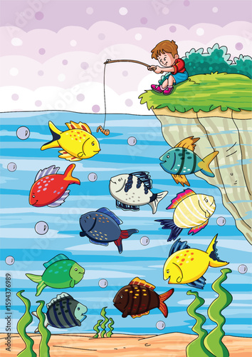 cute cartoon hand drawn vector boy catching fishes clipart.