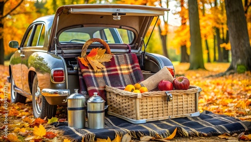Autumn Picnic with Vintage Car in a Golden Forest Setting new 2025 trendy