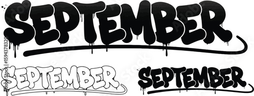September graffiti art vector illustration with dripping paint effect and outline drawing clip art design editable