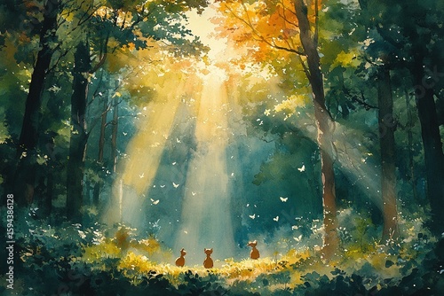 Lovely watercolor illustration of a group of playful woodland animals at play in a sunlit enchanted forest, surrounded by lush greenery and warm golden sunlight.
