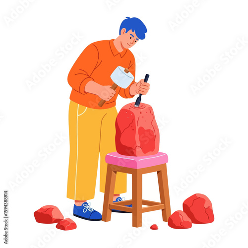 Vector Illustration A Male Sculptor Carving a Stone Block to Create a Sculpture