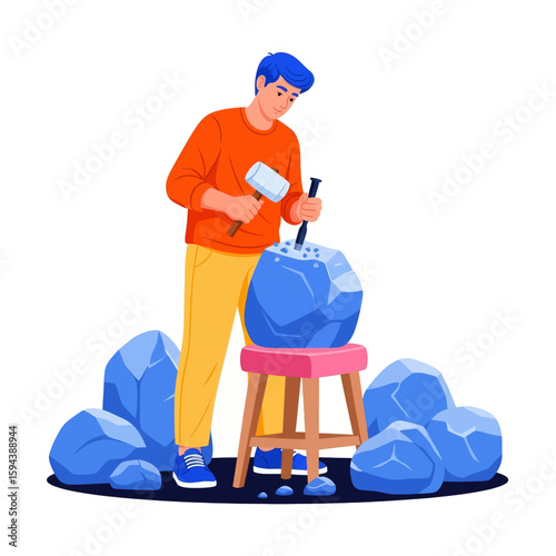 Vector Illustration A Male Sculptor Carving a Stone Block to Create a Sculpture