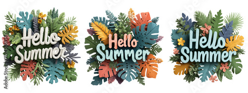 Vibrant Hello Summer Decorative Elements with Tropical Foliage