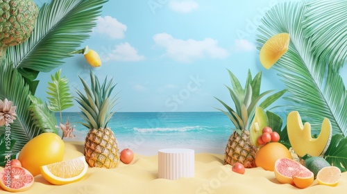 95.A minimalistic tropical setup with a plaster display stand centered on warm yellow sand, bordered by vibrant fruits and leafy plants. The soft blue backdrop captures a picturesque seascape and © Sinechana