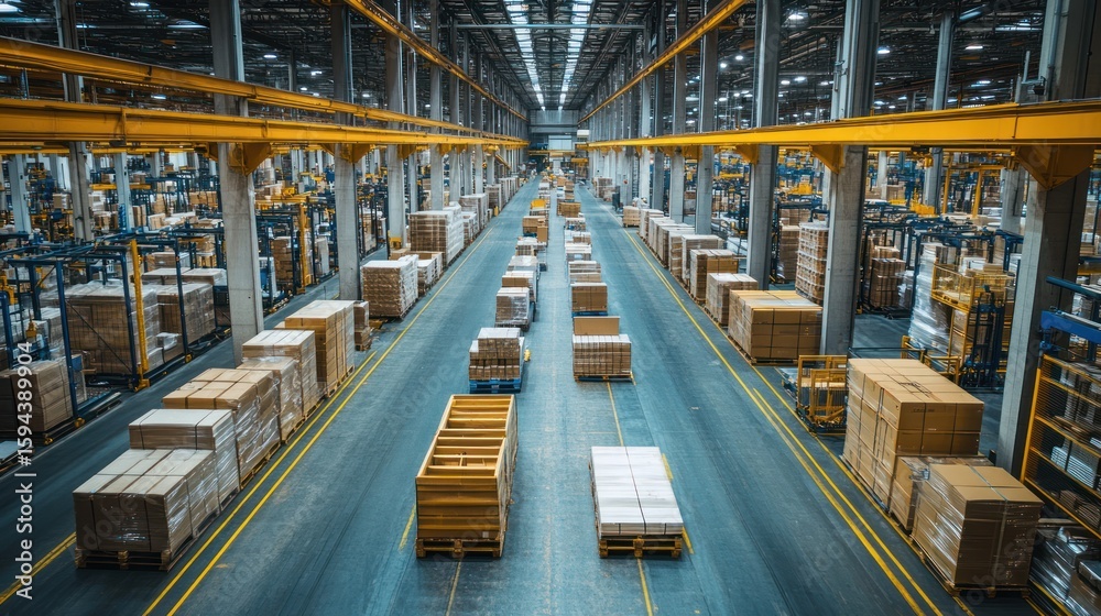 Fototapeta premium a vast industrial warehouse filled with neatly arranged pallets and packages highlighting logistics and supply chain efficiency in global distribution network