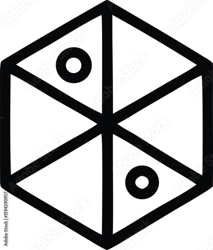 Geometric hexagonal symbol with internal divisions and circular elements representing balance and harmony