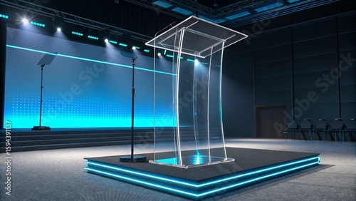 Transparent acrylic podium on stage with blue LED lighting and gradient backdrop