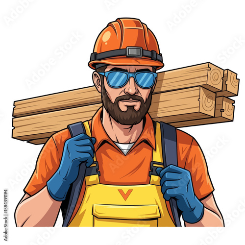 Vector Illustration of a Construction Worker or Carpenter Carrying Lumber