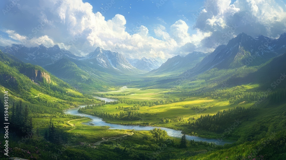 Naklejka premium 17.A sunlit valley with a meandering river cutting through lush meadows, bordered by distant mountain peaks and a bright, cheerful summer sky.