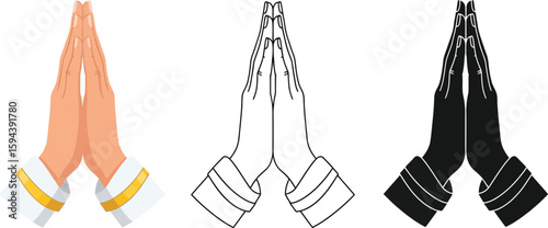 Namaste hands gesture vector illustration of praying hands in different styles for greeting and thank you editable