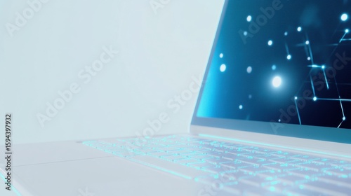 Sleek laptop with glowing keyboard and vibrant display showcasing digital network design. modern technology evokes sense of innovation and connectivity