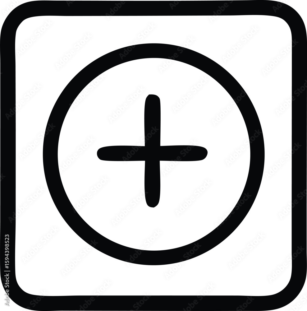 Fototapeta premium A simple hand drawn icon featuring a black plus sign centered within a black circle inside a rounded square frame