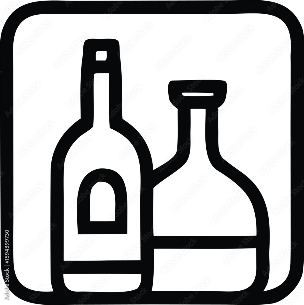 Stylized line art icon depicting two distinct glass bottles presented side by side within a rounded square frame Stylized line art icon depicting two distinct glass bottles presented side by side within a rounded square frame