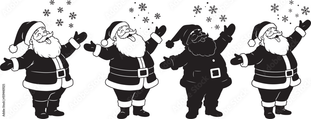 Naklejka premium Four santa claus figures in silhouette with snowflakes falling silhouette