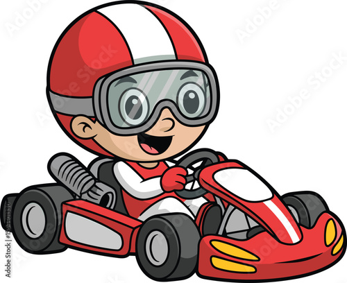 Red cartoon go-kart racer driving with helmet and goggles, children’s racing illustration, vector art for sports, speed, excitement, fun