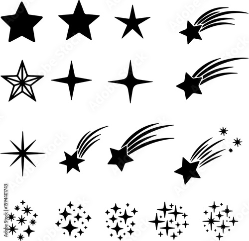 Collection of diverse star shapes and shooting stars in a black silhouette style
