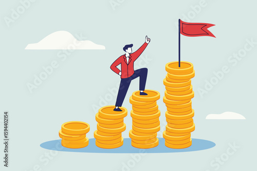 Flat illustration of businessman climb money coin stack to achieve red target flag financial goal achievement investment plan salary growth 
