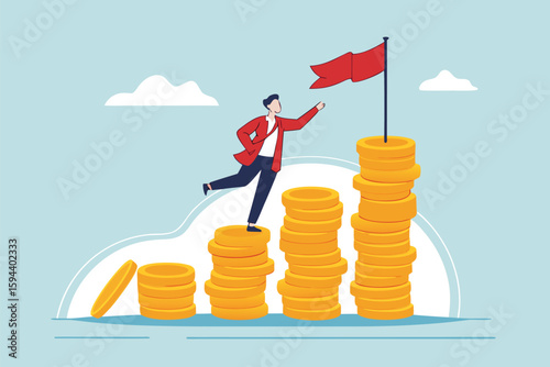 Flat illustration of businessman climb money coin stack to achieve red target flag financial goal achievement investment plan salary growth 