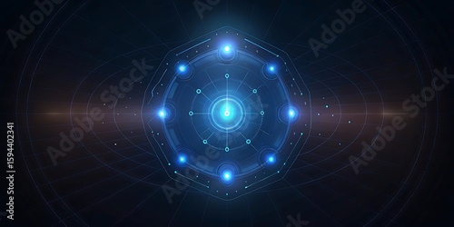 Abstract digital network with a glowing blue core, symbolizing data flow and advanced technology.