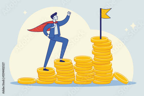 Flat illustration of businessman climb money coin stack to achieve red target flag financial goal achievement investment plan salary growth 