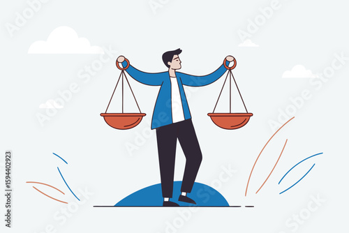 Flat illustration of Businessman compares scales to measure integrity and ethical decisions representing pros and cons