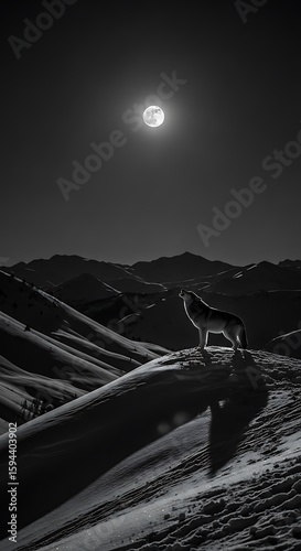 Lone wolf howling at the moon in a black and white winter landscape at night