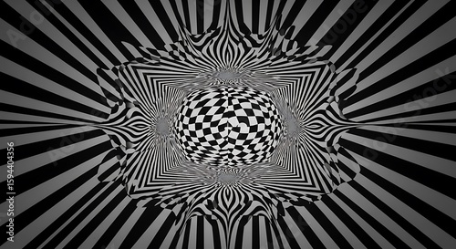 Mesmerizing black and white optical illusion with a checkerboard sphere and radial stripes