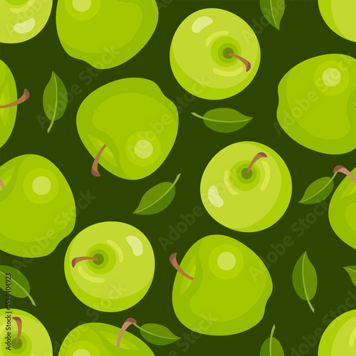 Green apples background. Seamless pattern with fresh ripe fruits. Vector cartoon flat illustration.