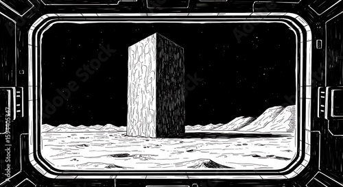 Monolith discovery on a lunar landscape observed from a spaceship window in a captivating drawing