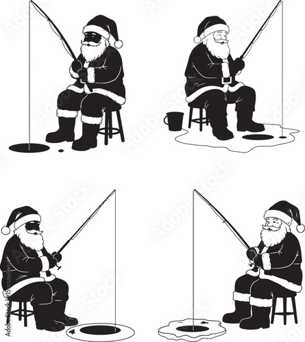 Four santa claus figures ice fishing in a silhouette style