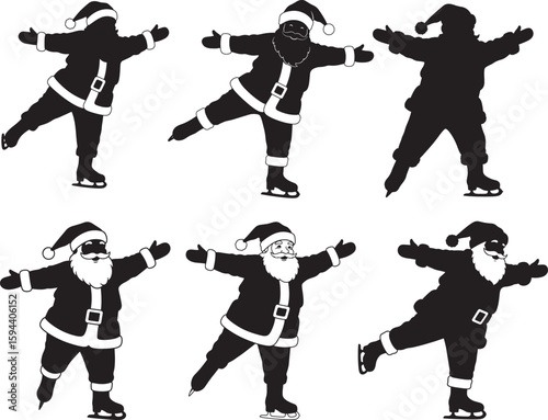 Collection of six santa claus silhouettes ice skating in various poses silhouette