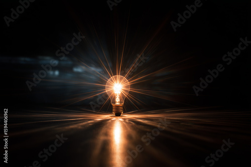
Starburst effect around a glowing light bulb in a dark room 