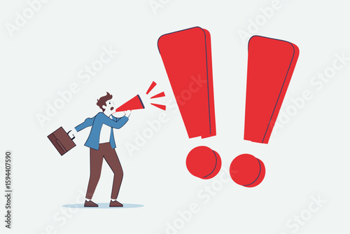 Flat illustration of businessman shout on megaphone with big exclamation mark warning of danger important message emergency loudspeaker attention safety urgency scream