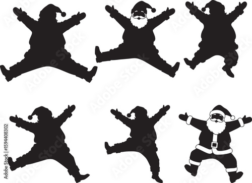 Six joyful santa claus figures in a dynamic silhouette jumping pose