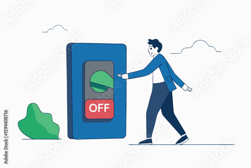 Flat illustration of businessman turning off giant switch to take break from work symbolizing digital detox burnout recovery and work-life balance 
