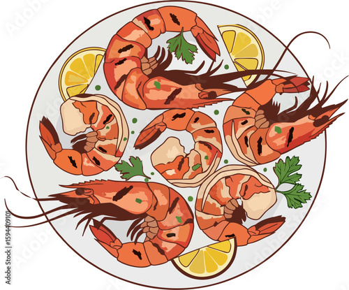 Grilled Jumbo Shrimp with Lemon and Parsley - Seafood Plate Vector