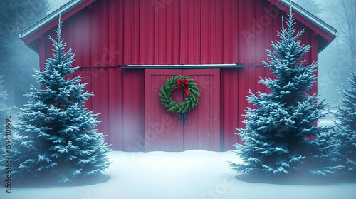 Winter christmas red barn snow trees wreath holiday season festive december celebration scenic landscape