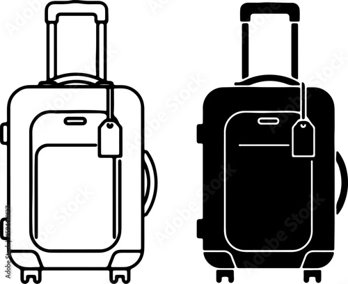 Two wheeled luggage bags with handles and tags one black silhouette and one outline silhouette