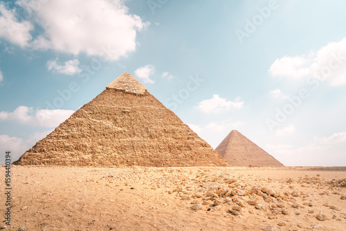 The Great Pyramids in the desert of Cairo, Egypt and a camel in the foreground