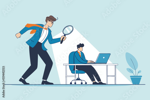 Flat illustration of micromanaging boss toxic manager use magnifying glass to monitoring employee excessively 