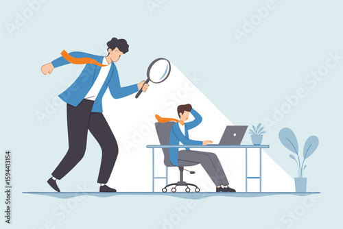 Flat illustration of micromanaging boss toxic manager use magnifying glass to monitoring employee excessively 
