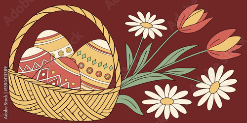 Easter themed arrangement of decorated eggs and a flower bouquet in a basket, displayed on a red background vector illustration.