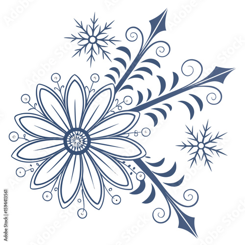 Elegant ornate daisy snowflake in pastel blue and silver, for charming winter designs.