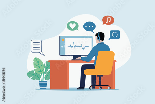 Flat illustration of remote consultant reviewing support tickets and notifications with headset and computer at home office desk 