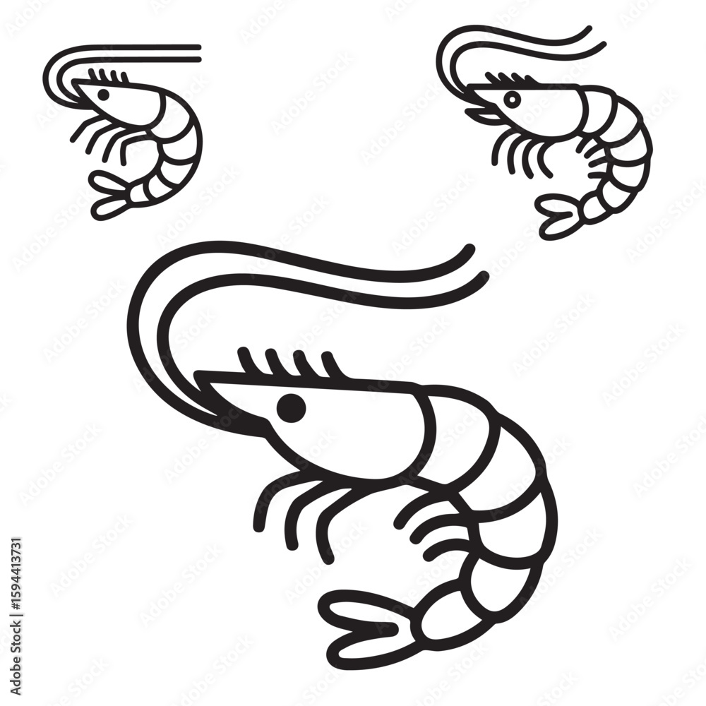 Fototapeta premium Cute Line Art of Shrimps – Simple Black and White Vector Set