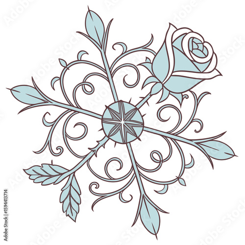 Elegant ornate rose snowflake in pastel blue and silver, for beautiful winter designs.