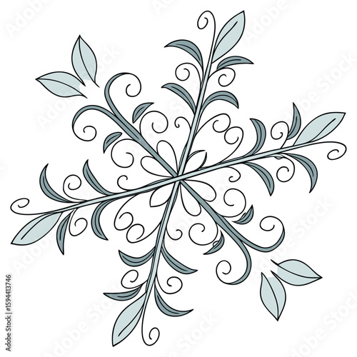 Elegant ornate vine snowflake in pastel blue and silver, for intricate winter decor.