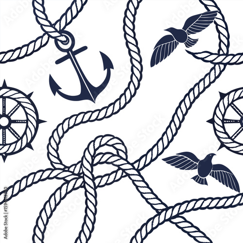 Nautical rope and knot vector pattern, navy blue and white, seamless flat design