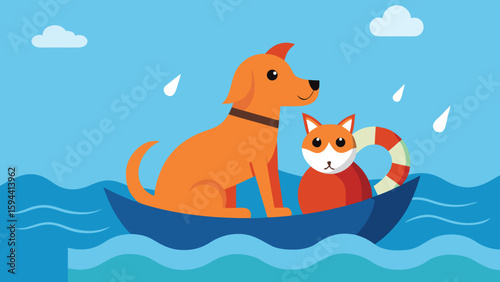 Emotional illustration of a dog and cat being rescued from a flood